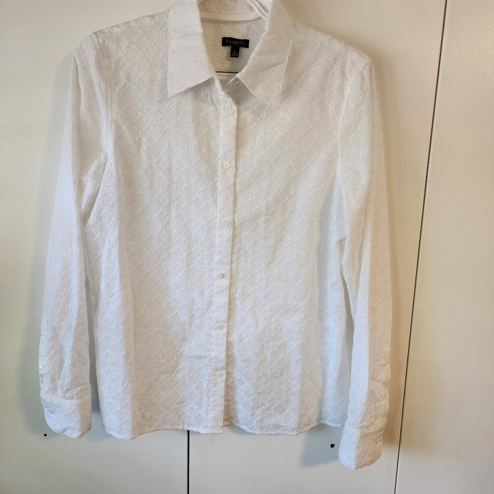 Talbots White Crochet Button Down Long Sleeve Dress Shirt | Size S